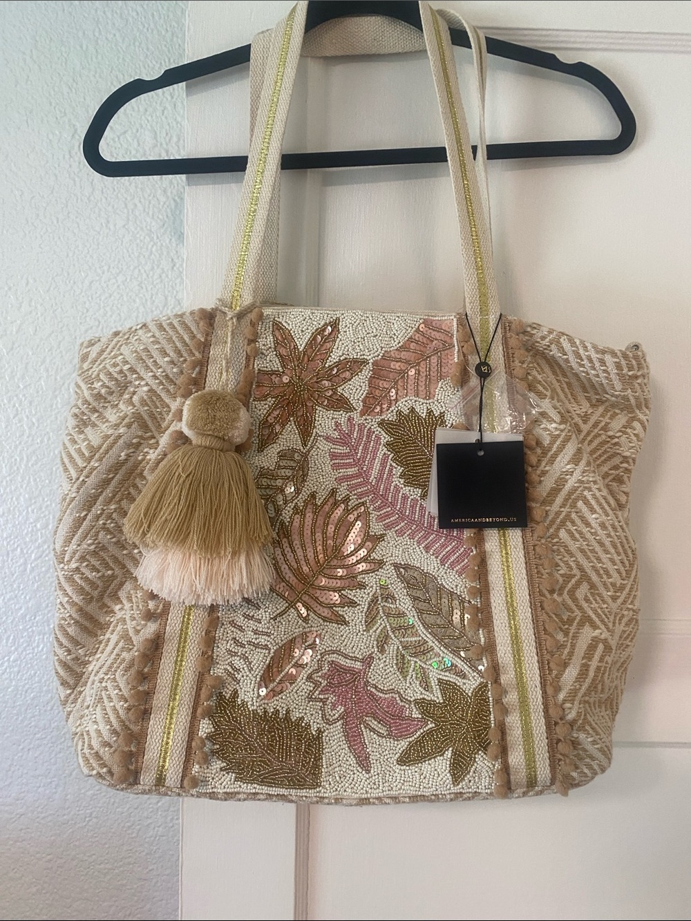 Beaded Floral Tote in Neutral Pink & Gold - Women's Tote Bag